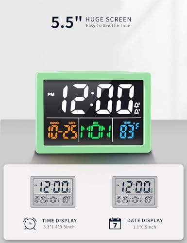 JALL Digital Clock with Date Day for Seniors, Electric Alarm Clocks for Bedrooms with Temperature, 2 Alarms, Dimmer, Dual USB Charger, Battery Backup