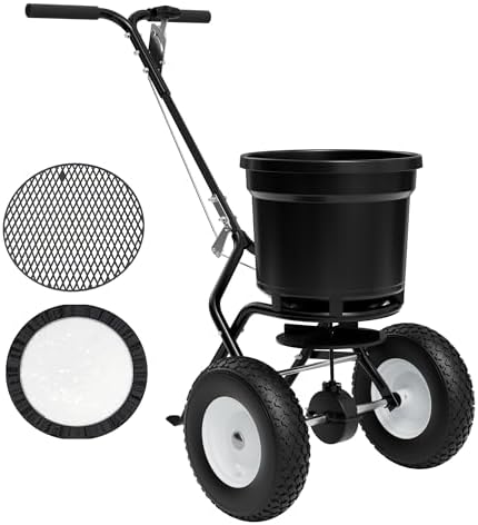 PPOLB Broadcast Spreader for Lawns, 50LB Fertilizer Spreader with 30-Level Flow Control, Walk Behind Lawn Seed & Salt Spreader, 0–10FT Coverage, Hopper Screen, Rain Cover, 12" Pneumatic Wheels