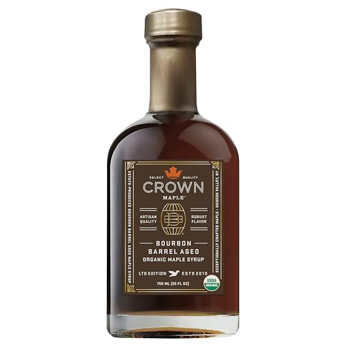 Crown Maple Organic Bourbon Barrel Aged Maple Syrup, Pancakes, Flavor Cocktails, Marinades and Sauces, 12.7 Fl Oz