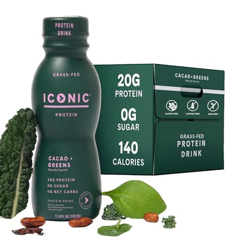 ICONIC Protein Shake, Cacao + Greens (12 Pack) – 20g Grass-Fed Protein Drink – Low Carb, Sugar Free, Keto Friendly – Lactose Free