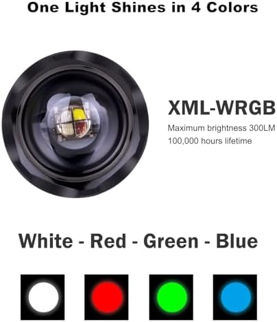 Upgraded Zoomable Red Flashlight, 4 Color in 1 | Green Red Blue White Multi-Color RGBW LED, Memory Function, Night Vision, Fishing, Astronomy