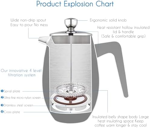 Easyworkz Nando French Press 23 oz Double Wall Insulated Thermal Coffee Maker,304 Stainless Steel Cafetiere