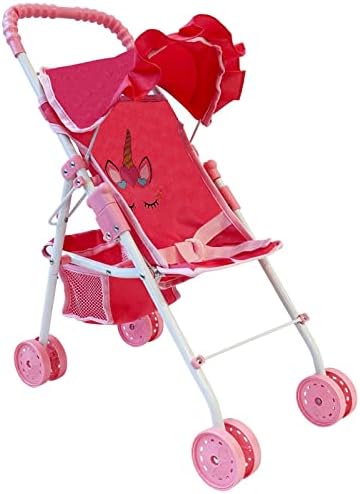 The New York Doll Collection My First Doll Stroller with Basket & Heart Design Foldable Doll Stroller, Pink