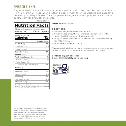 Augason Farms Dehydrated Spinach Flakes Can | Emergency Food Supply, 45 Servings, 25 Year Shelf Life, 15 Calories per Serving, Dehydrated Meals