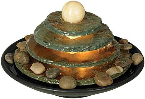 Pyramid 10" High Feng Shui Ball Lighted Table Indoor Small Fountain | Zen Modern Decor Slate Stone Tabletop with Light Waterfall Rock Water Feature for Desk Relaxation Bedroom Living Room