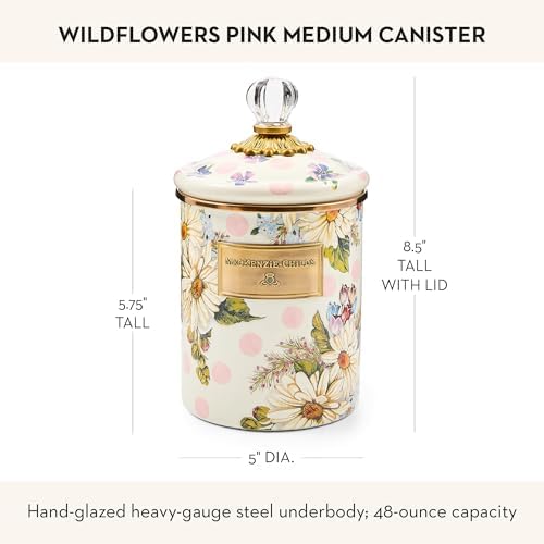 MACKENZIE-CHILDS Enamel Canister, Medium, White Butterfly Garden | Hand-applied design, made from enameled steel, versatile kitchen storage container for flour and sugar, 48-ounce capacity
