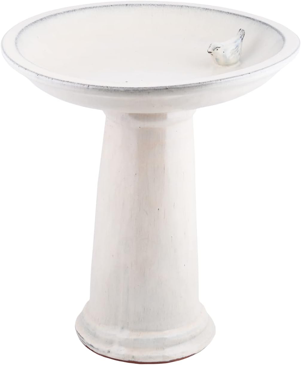Esschert Design FB423 Bath on Pedestal with Bird, Ceramic, White