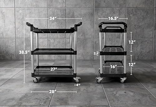 Commercial 3-Shelf Rolling Service Utility Cart | Capacity 390 lbs. | 37" x 34" x 16" | Black