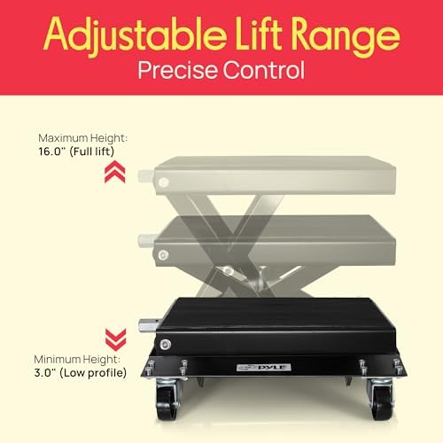 Pyle Motorcycle Lift, Scissor Jack, Dolly, Heavy Duty Steel, 1100 lbs Capacity, Black Powder Coat, Anti-Skid Rubber, Collapsible, Portable