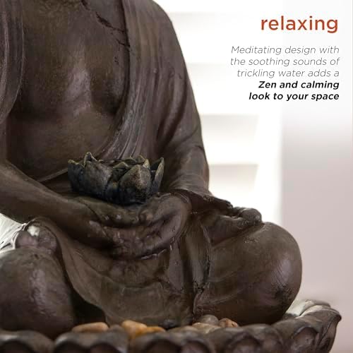 Alpine Corporation GEM178 Indoor Tabletop Meditating Buddha Water Fountain with LED Lights and Lotus Flower, 19", Beige