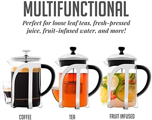 OVENTE French Press Coffee Maker, 34oz BPA-Free Cold Brewer, Clear FGC34T | Heat Resistant Borosilicate Glass, 4-Level Filter System, Stainless Steel Plunger, Cafetera Tea Pot for Kitchen Travel Gifts