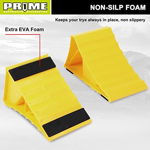 PR1ME Wheel Chocks with Non-Slip Base for RV & Trailer. 2 Pack Heavy Duty Wheel Chock with Bright Yellow. Lightweight Wheel Stoppers for Cars Camper
