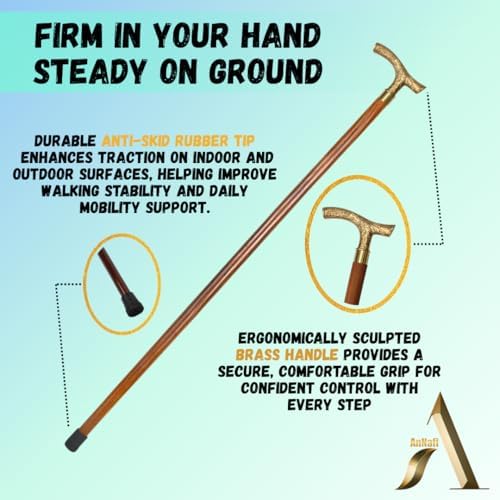 AnNafi® Walking Cane Brown Ebony Brass T Shape Handel | Golden Tone Natural Wooden Walking Stick for Gentlemen | Wooden Walking Cane for Men &