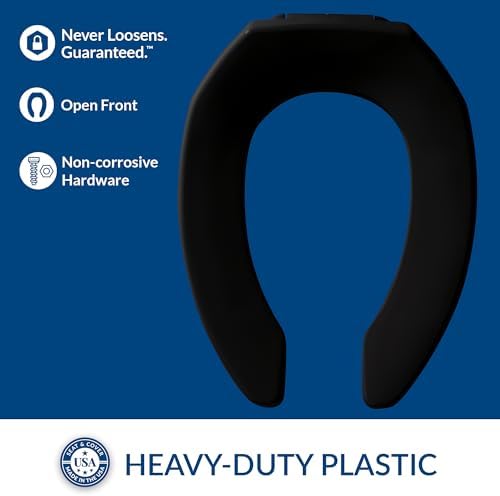 CHURCH 295CT Commercial Open Front Plastic Toilet Seat, Heavy Duty Industrial Seat without Lid, Secure Installation for Long Lasting Use, Made in USA, Elongated, Black