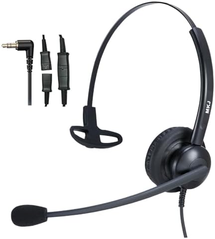 MKJ Corded 2.5mm Office Headset with Microphone for Cisco Panasonic Phones | Noise Cancelling, Wired Headphones for Call Center Telephone