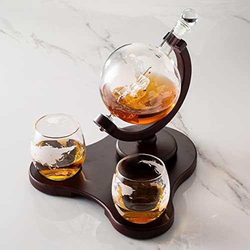 Whiskey Globe Decanter Set with 2 Glasses in Gift Box - Whiskey decanter for Liquor, Whiskey, Brandy, Gin, Rum, Tequila, Vodka
