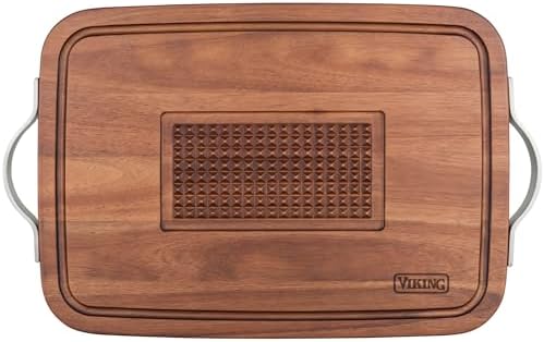 Viking Cutting Board, Acacia Wood Kitchen Butcher Block Carving Board with Juice Groove and Metal Handles, 23 x 14 x 1 Inch