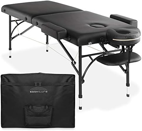Saloniture Professional Portable Lightweight Bi-Fold Massage Table with Aluminum Legs - Includes Headrest, Face Cradle