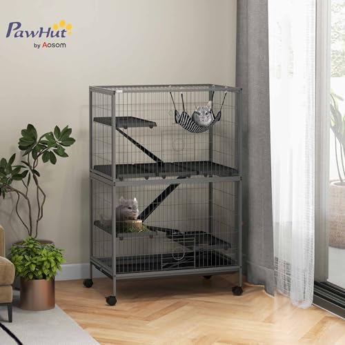 PawHut Metal Small Animal Cage, 4-Tiers Rolling Big Ferret Cage, Gray