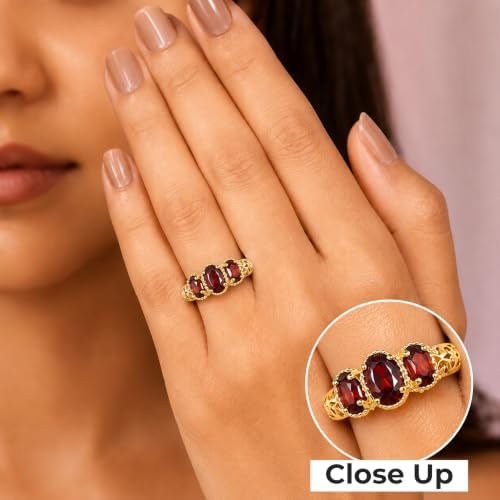 3 Stone Garnet Ring Silver with 14K Gold Plating January Birthstone Ring