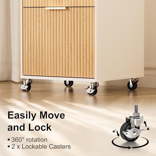 3 Drawers Fluted Mobile File Cabinet with Lock, Rolling File Cabinet Printer Stand Table, Under Desk Wooden Filing Cabinets for Home Office Essentials Storage Organization Furniture Letters/A4(Oak)
