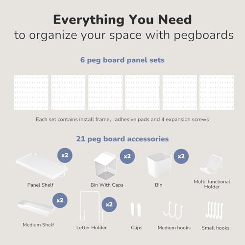 Keepo Peg Board Wall Organizer – Plastic Pegboard Panels, Modular Peg Board Storage System For Home Office, Craft Room, Gaming Setup (White