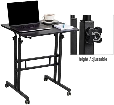 Mind Reader Standing Desk, Adjustable Height Laptop Workstation, Portable Rolling Desk on Wheels, Two-Tier Metal Frame, Black
