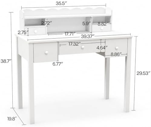FUNKOCO Writing Desk with Hutch, 40" Small White Desk for Girls, 5 Drawers