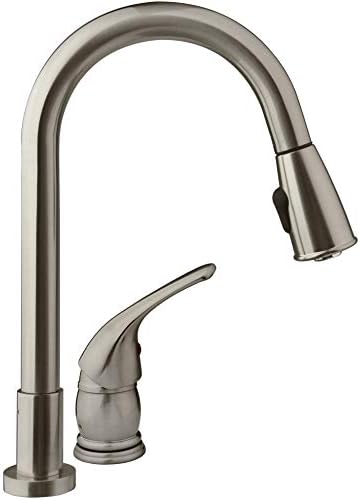 Dura Faucet DF-NMK503-SN RV Pull-Down Kitchen Sink Faucet (Satin Nickel) | Side lever gives one-hand control of temperature and flow. Easy DIY install with common hand tools.