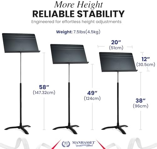 Manhasset 48TA Tall Symphony Music Stand for Sheet Music | Long Lasting Durable Manhasset Stand, Adjustable Height 38" to 58", Made in USA