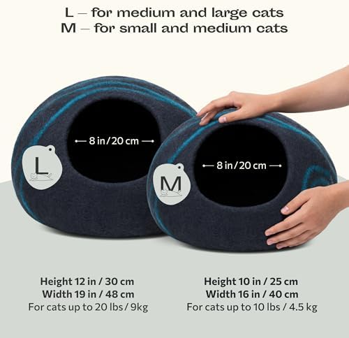 Cat Cave – Premium Felt Cat Bed for Indoor Cats, Handmade 100% Merino Wool (Large, Black Aqua)