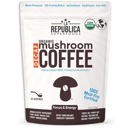 La Republica DECAF Organic Mushroom Coffee (35 Servings) with 7 Superfood Shrooms, Great Tasting Instant Mix Includes Lion's Mane, Reishi, Chaga, Cordyceps, Shiitake, Maitake, and Turkey Tail (Decaffeinated)