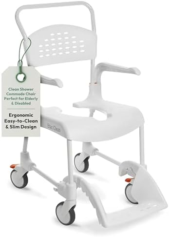 Etac Clean 24" Self-Propelled Shower Chair with Wheels - 21 3/4 Inch Fixed Height with 24 Inch Rear Wheels - Shower Wheelchair for Elderly and Disabled - Movable Armrest & Ergonomic Footrest