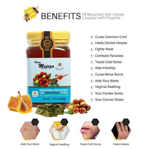 Authentic Mountain Sidr Honey with Propolis – Jujube Honey, Supports Mental Health, Memory and Cognition, 100% Natural, Raw Liquid Honey, Gluten Free (250g/ 8.8 oz)