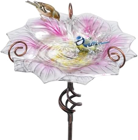 VCUTEKA Glass Bird Bath Outdoor Birdfeeder with Metal Stake Garden Decor