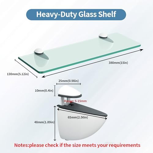 Alise Bathroom Glass Shelf, 15 Inch Floating Shelves for Wall, Matte Black