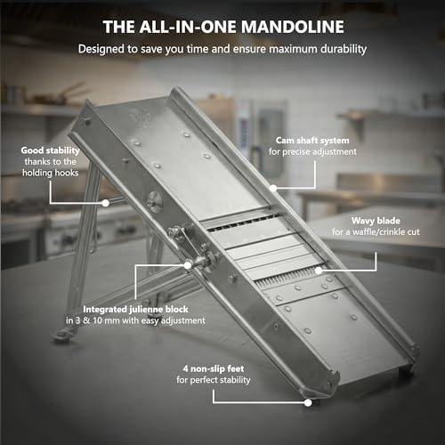 Bron Coucke – Professional Stainless Steel Mandoline with Protective Carriage – 2 Integrated Cutting Blade Units (3 mm & 10 mm) – Smooth &