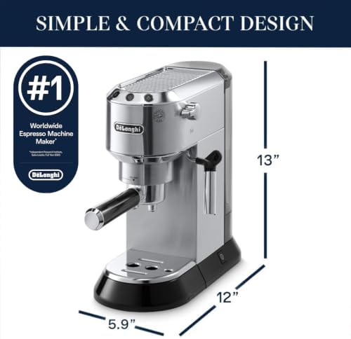 De'Longhi Dedica Espresso Machine, 15-Bar Pump, Frother, Stainless Steel | #1 Worldwide Espresso Machine Maker, Rapid Heat-Up, Frother, Compact Design, Easy to Clean