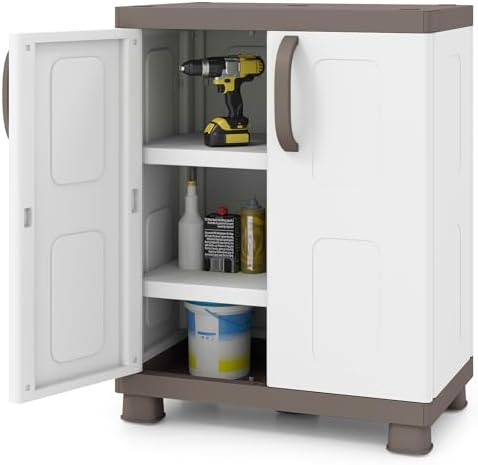 GIANTEX Storage Cabinet with 2 Doors and Adjustable Shelves, Modern Plastic Base Garage Organizer, Floor Sideboard for Kitchen, Dining Room, Bathroom (Wide-29"x19"x37",White+Brown)