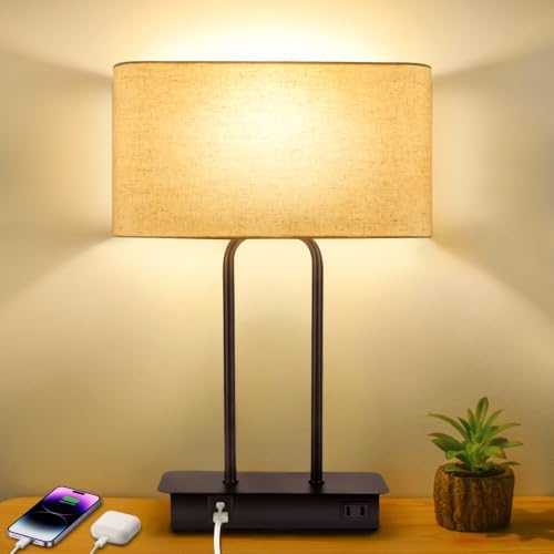 16’’ Table Lamp for Bedroom, Bedside Nightstand Lamp with LED Bulb | 3-Way Dimmable, Touch Control, 2 USB Charging Ports, AC Outlet, Modern Style