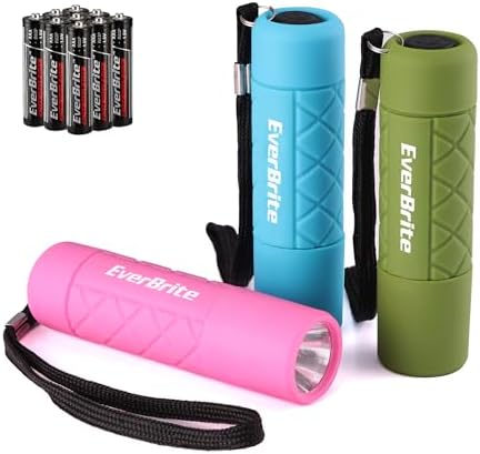 EverBrite Mini Flashlights 6-Pack Mix Colors, Batteries Included | Small, Lightweight, 18 AAA Batteries, 6-Color Set, 9-LED, Wrist Lanyards, for Home, Camping & Emergency use, Holiday Gifts