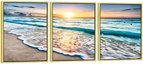 Wieco Art 3 Panel Blue Beach Canvas Wall Art for Home Decor Sunset White Wave Beach Pictures on Canvas Sea View Canvas Prints Artwork for Wall Decor