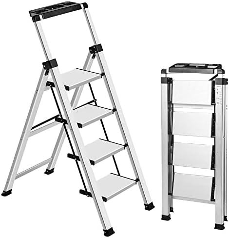 XinSunho 3 Step Ladder, Aluminum Folding Stool with Retractable Handgrip