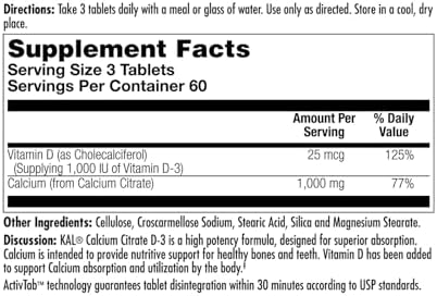 KAL Calcium Citrate Supplement with Vitamin D3 - 1000 IU Vitamin D3, Healthy Bone & Muscle Function Support for Men and Women, Quick Dissolving Tablets - 180 Count Tablets