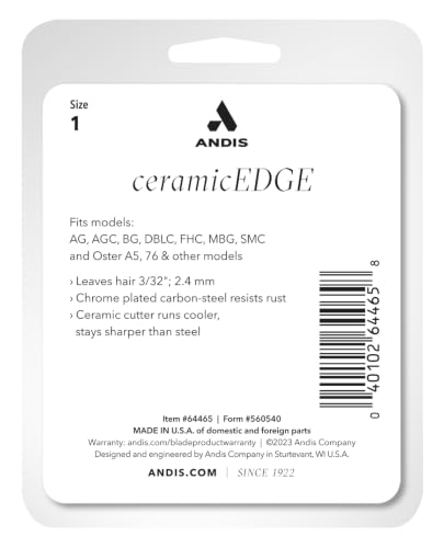 Andis 64465 CeramicEdge Carbon-Infused Detachable Blade, Size 1, 3/32in Cut | Fits AGC, BDC, BGC, BGR, DBLC, MBG & SMC clippers