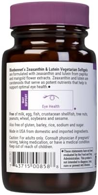 Bluebonnet Nutrition Zeaxanthin & Lutein, Eye Health*, Gluten-Free, Dairy-Free, 60 Vegetarian Softgels, 60 Servings | Eye Health; Vegetarian, Gluten-Free, Dairy-Free