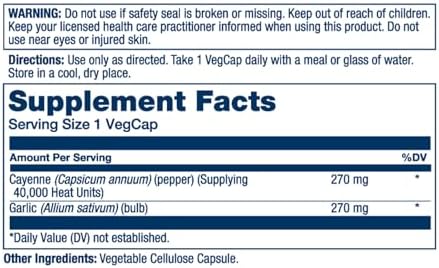 SOLARAY Cayenne Garlic 540 mg - Cayenne Pepper and Garlic Supplements with Capsaicin - Supplying 40, 000 Heat Units - Non-GMO Project Verified, Vegan