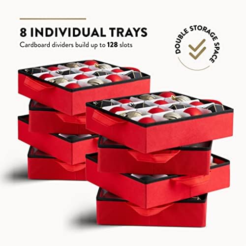 Zober Christmas Ornament Storage Box - Stores 64 Ornaments - Non-Woven, Tear- Proof Christmas Ornament Storage Containers - 3 Inch Cube Compartments - Red