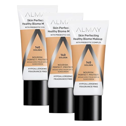 Almay Skin Perfecting Healthy Biome Foundation Makeup with Prebiotic Complex SPF 25, Hypoallergenic, -Fragrance Free, 130 Medium, 1 fl. oz.