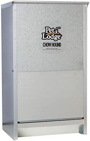 Pet Lodge® Automatic Dog Feeder | Chow Hound Outdoor Pet Feeder | Tough Galvanized Steel | Made in USA (25 lb) | Easy Access Magnetized Door and Angled Chute for Dogs, Silver, 1 Pack